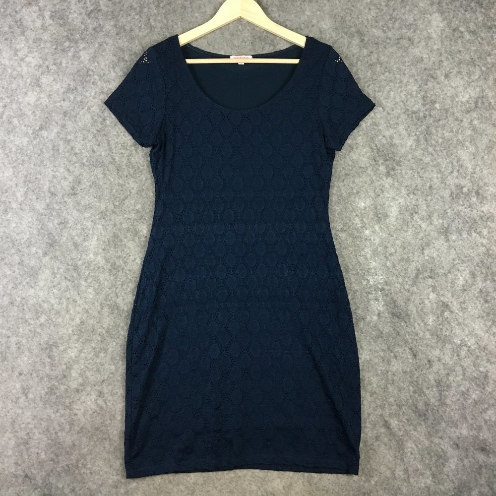 Isaac Mizrahi Dress M Lace Overlay Sheath Navy Blue Short Sleeve Stretch Career